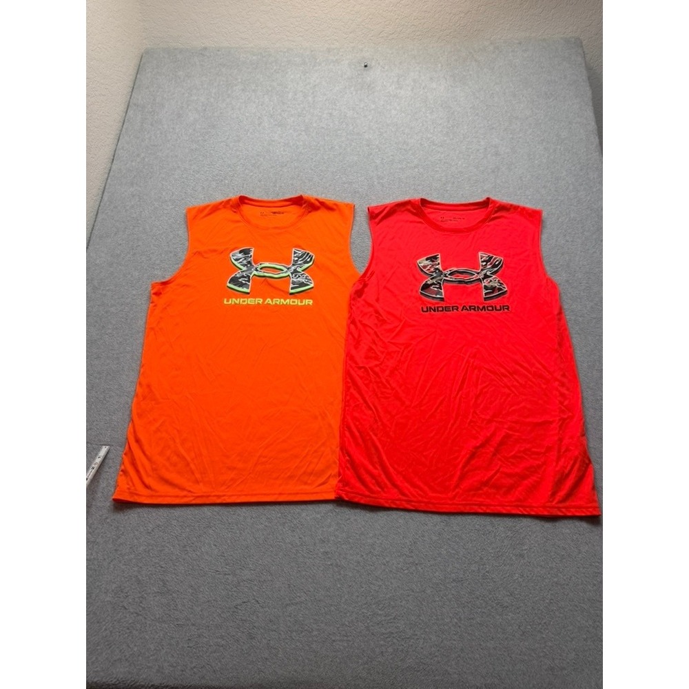 Under Armour Boys YXL Sleeveless Shirt Lot 2 Pack Orange Red Camo Logo HeatGear